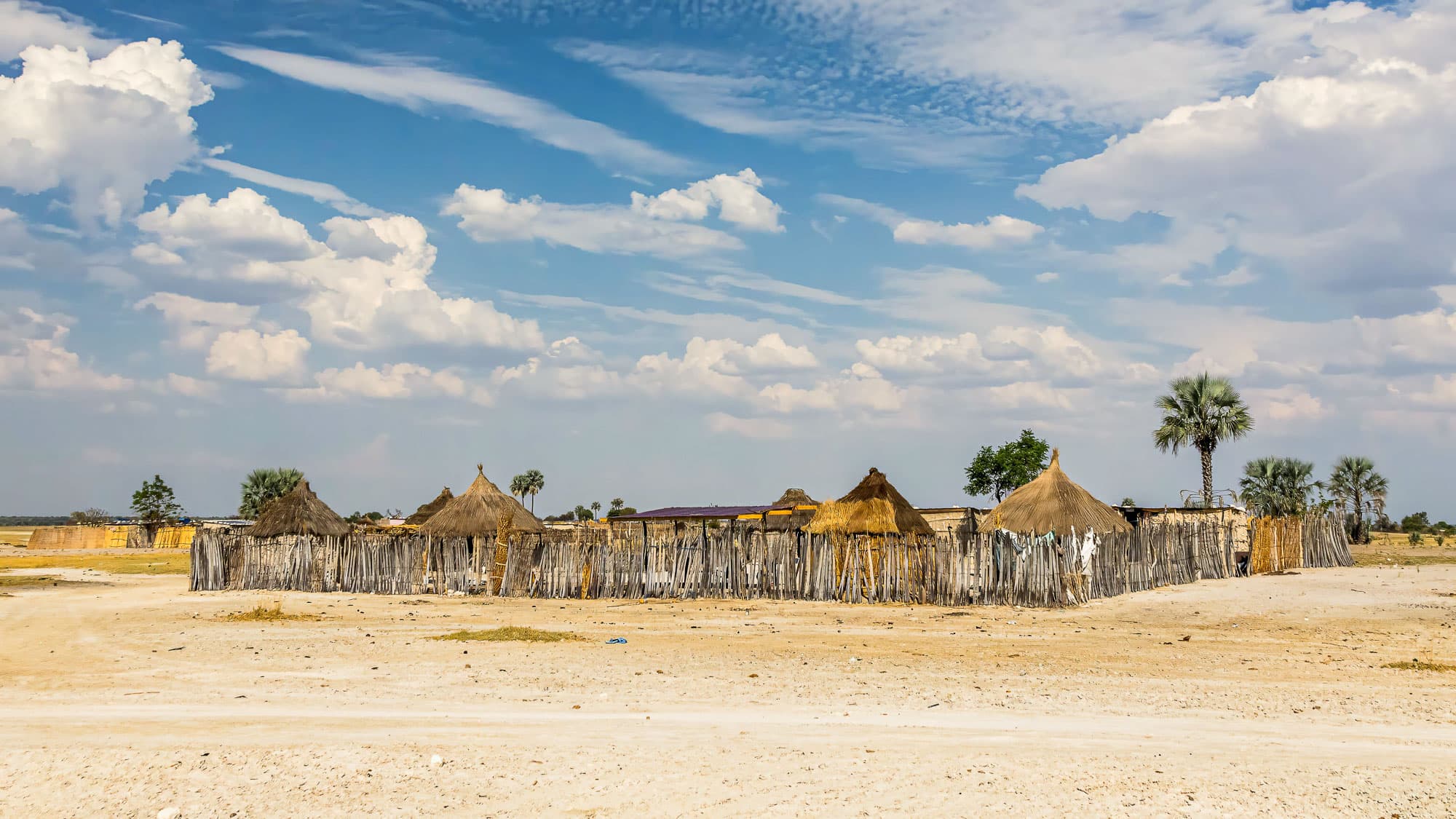 Ein traditioneller Kraal bei Rundu: strohgedeckte Rundhütten, schützende Holzpalisaden und Makalani-Palmen unter weitem Himmel.