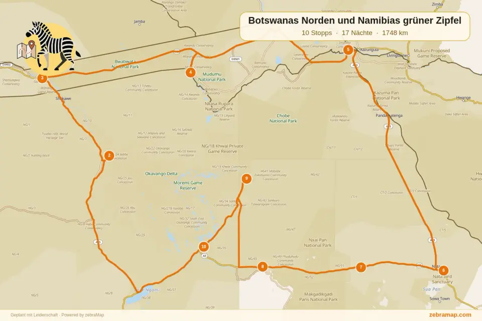 Reiseroute: 10 Stopps, 18 Tage, 1748 km