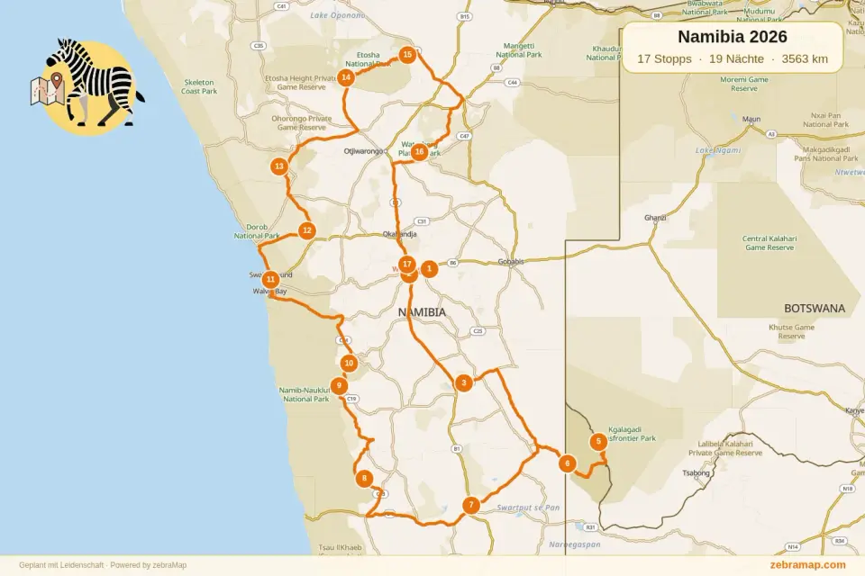 Reiseroute: 17 Stopps, 20 Tage, 3563 km