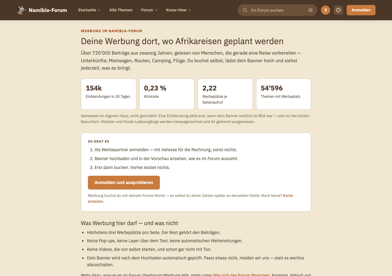 Die Seite «Werbung schalten» mit Preisen und Formaten