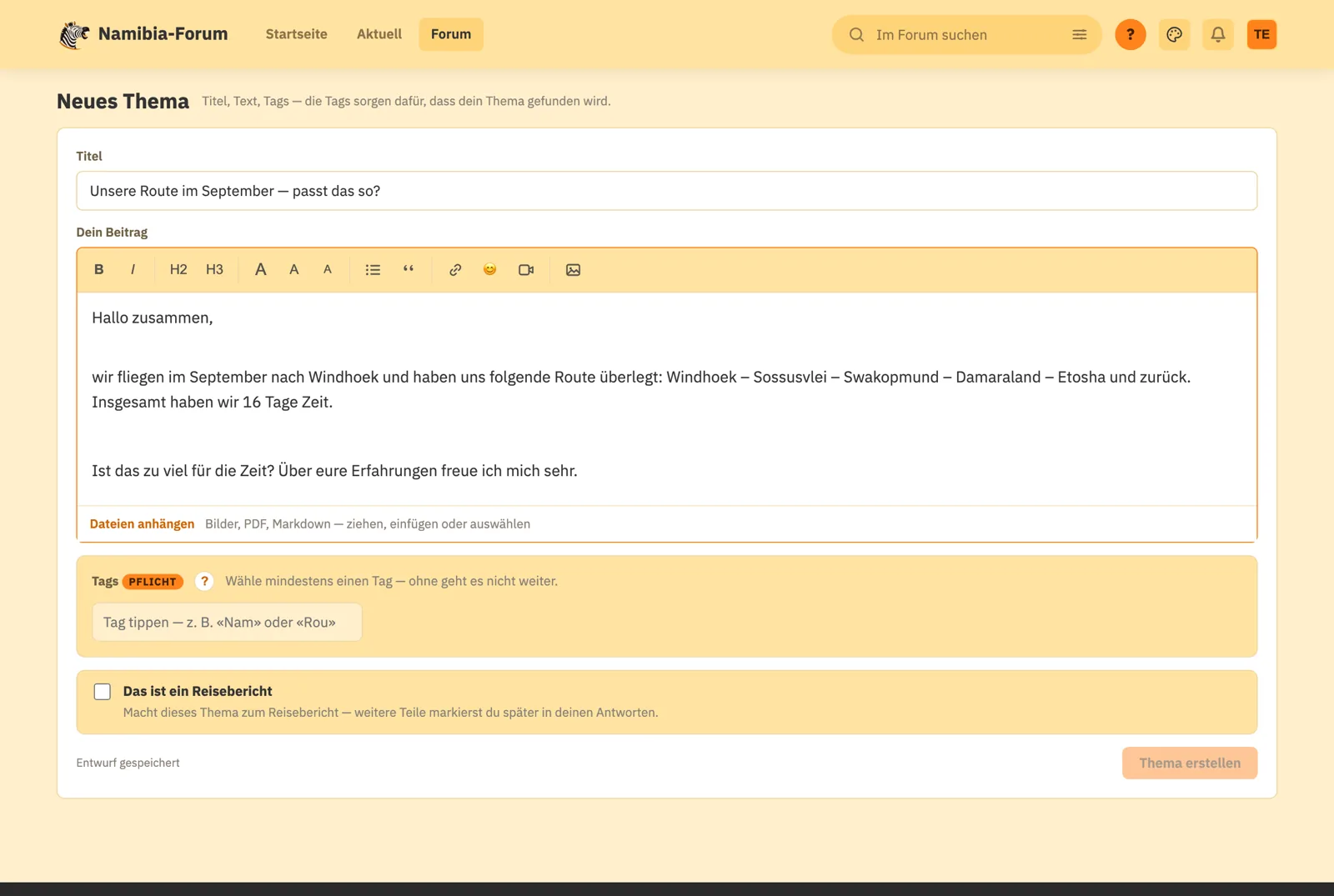 Das Formular für ein neues Thema, ausgefüllt