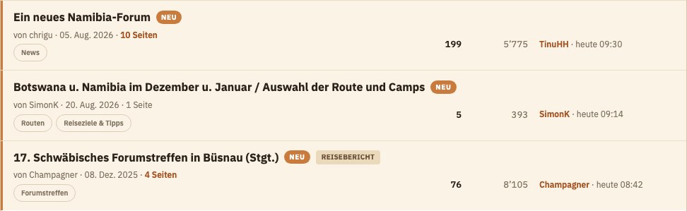 Themenliste mit Schlagwörtern als Pillen