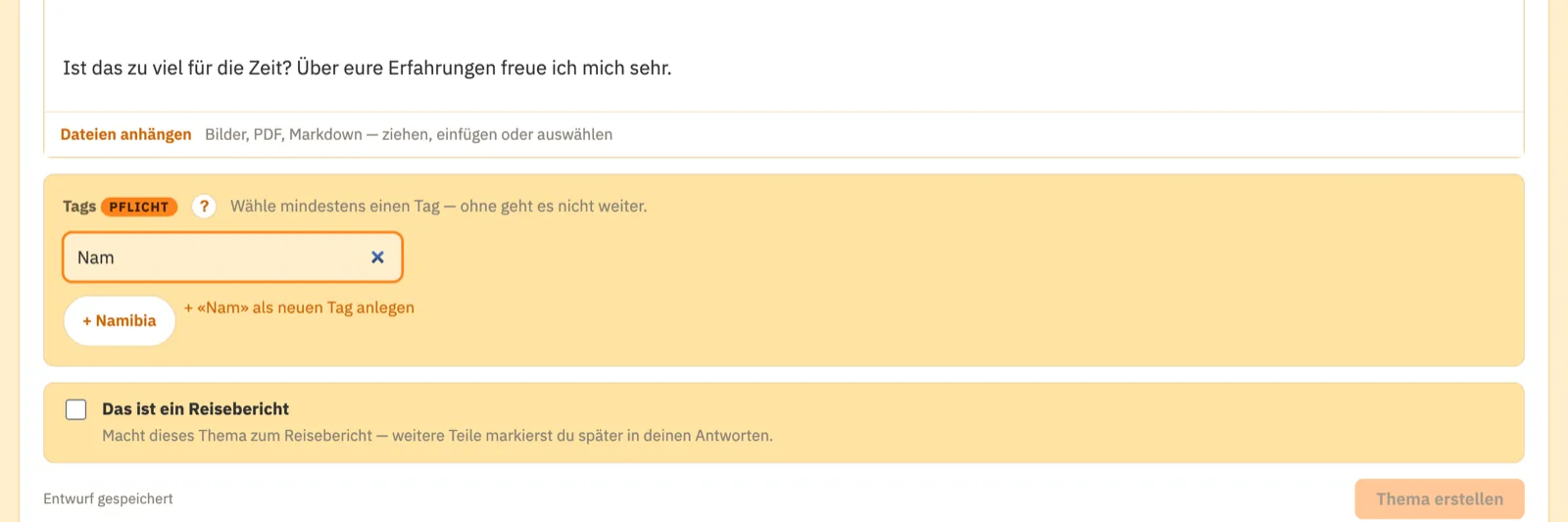 Vorschläge bei der Schlagwort-Eingabe