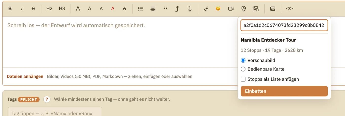 Der Einbett-Dialog im Forum-Editor zeigt Titel und Kennzahlen der geprüften Route sowie die Wahl zwischen Vorschaubild und bedienbarer Karte