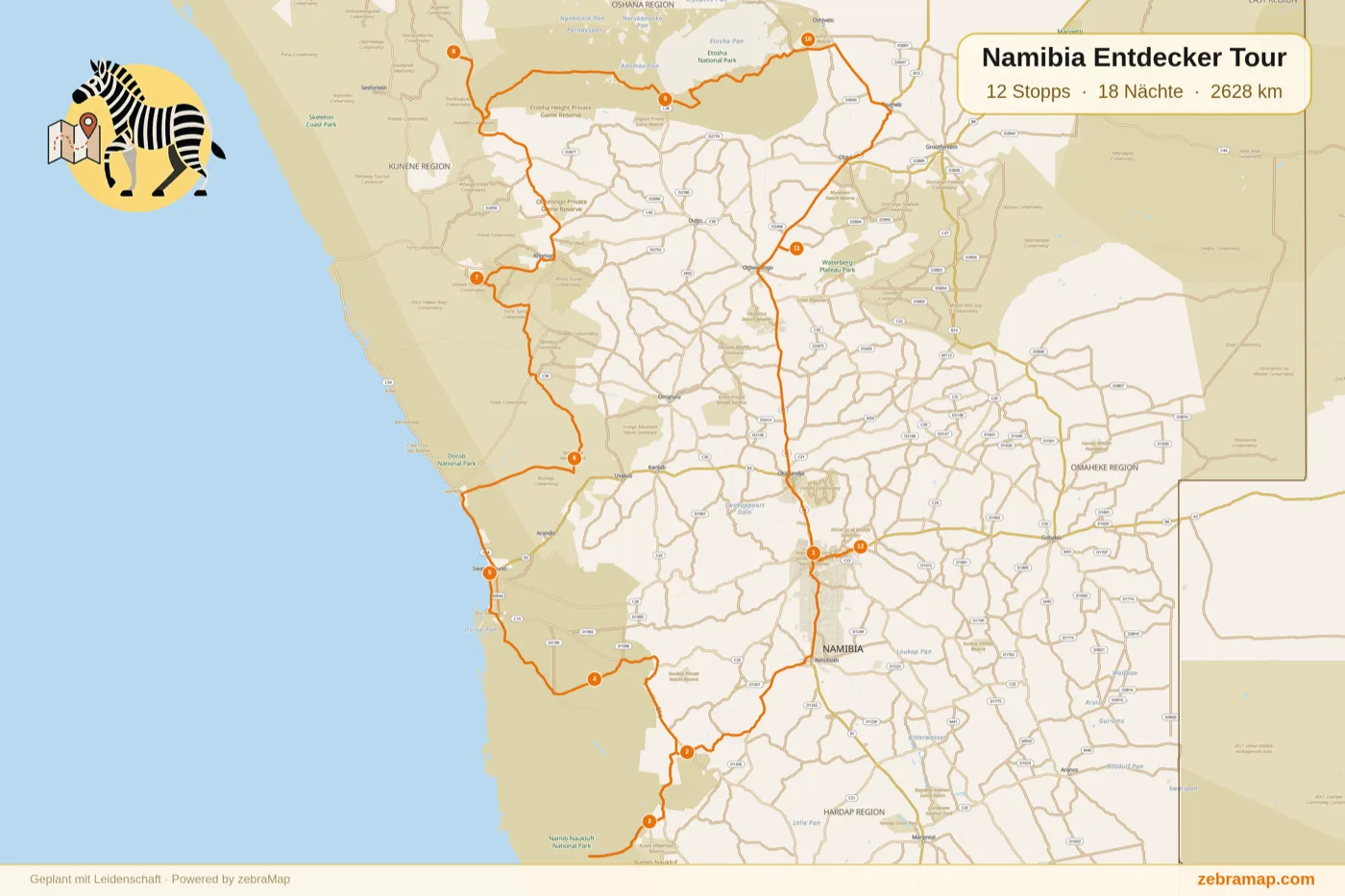 Geplante Namibia-Route in der Zebramap