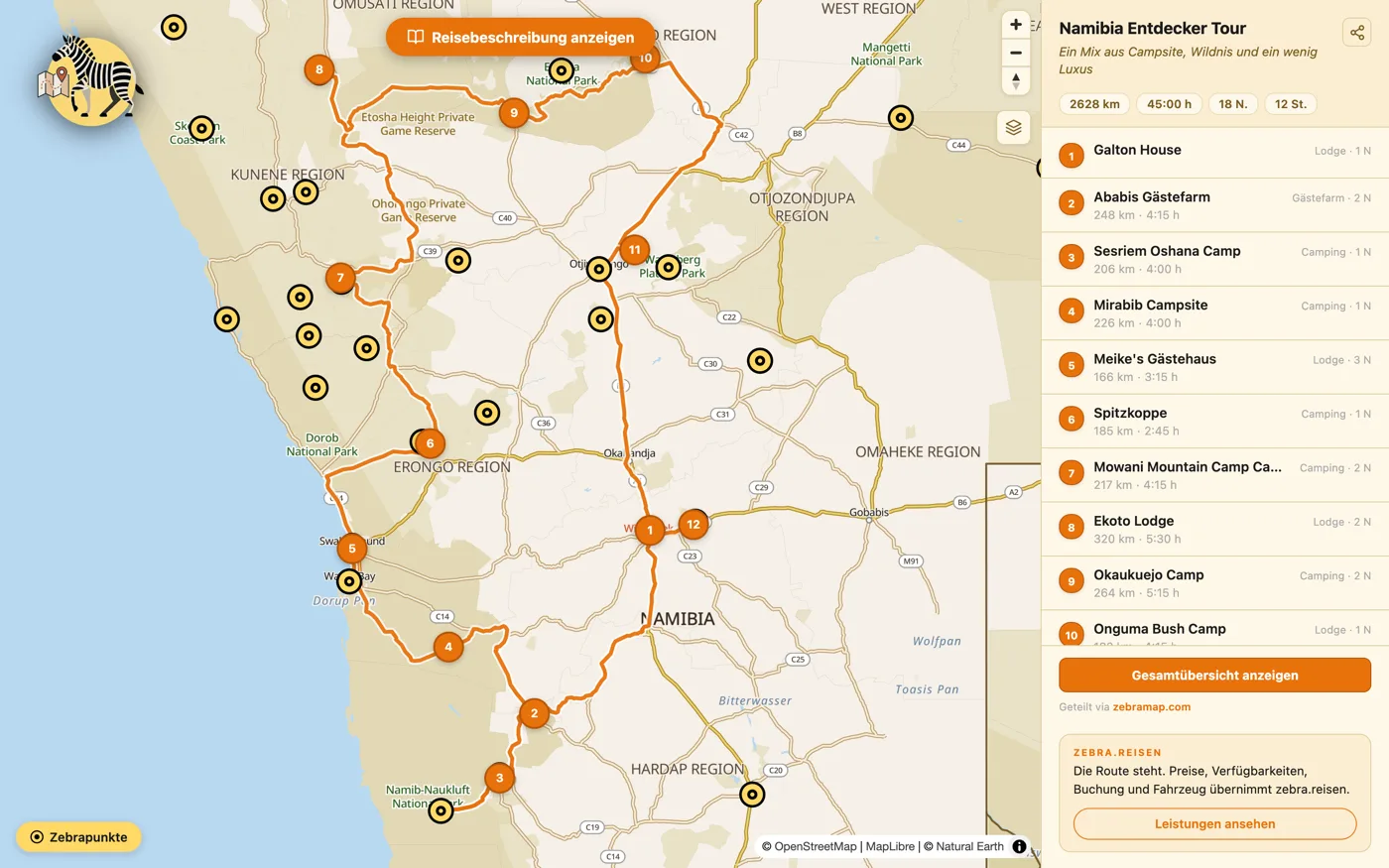 Zebramap: geplante Namibia-Route mit nummerierten Stopps, daneben die Etappenliste mit Kilometern und Fahrzeiten