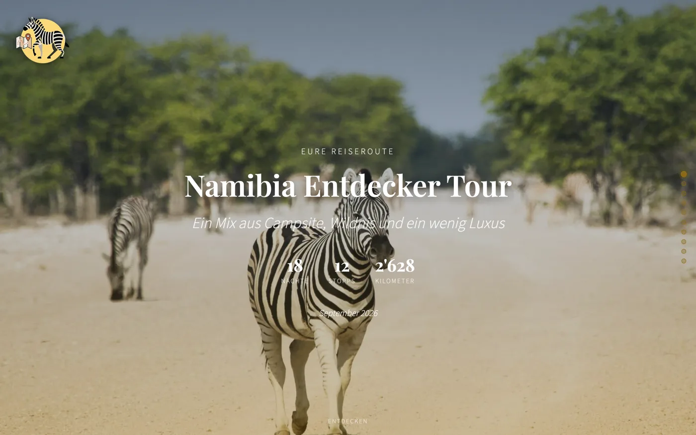 Die geteilte Reise-Seite einer Zebramap-Tour mit Titelbild, Nächten, Stopps und Kilometern